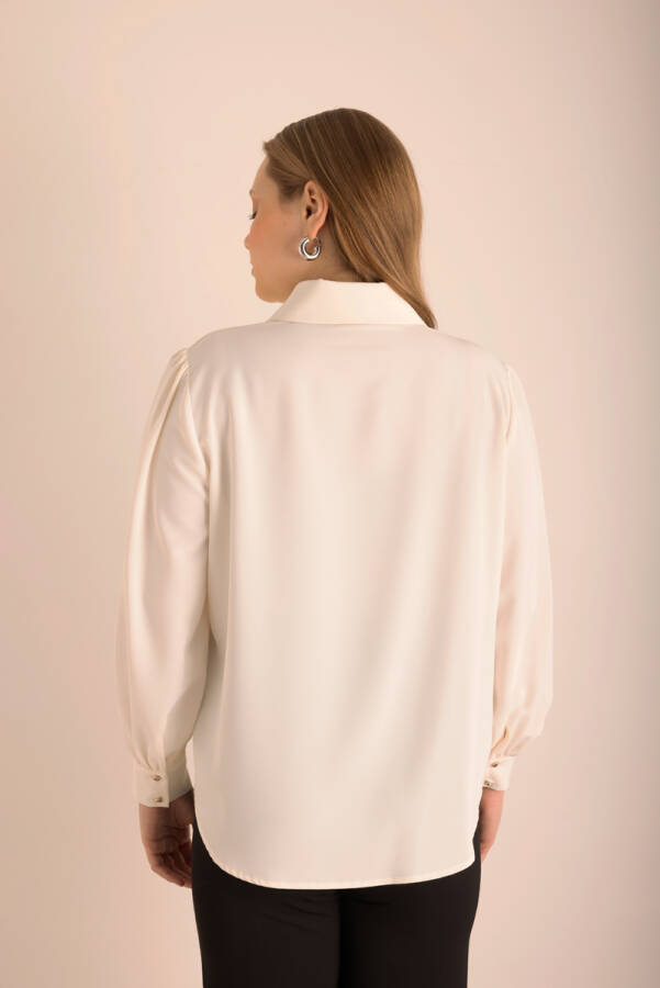 Ekru Yakası İşleme Detaylı Dokuma Gömlek - 7