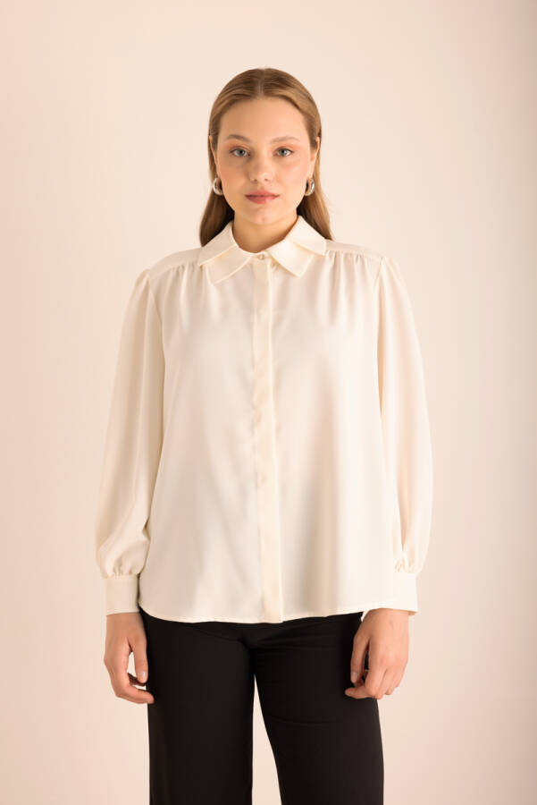 Ekru Yakası İşleme Detaylı Dokuma Gömlek - 3