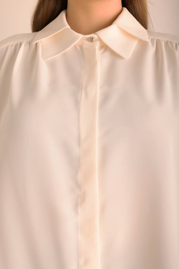 Ekru Yakası İşleme Detaylı Dokuma Gömlek - 4