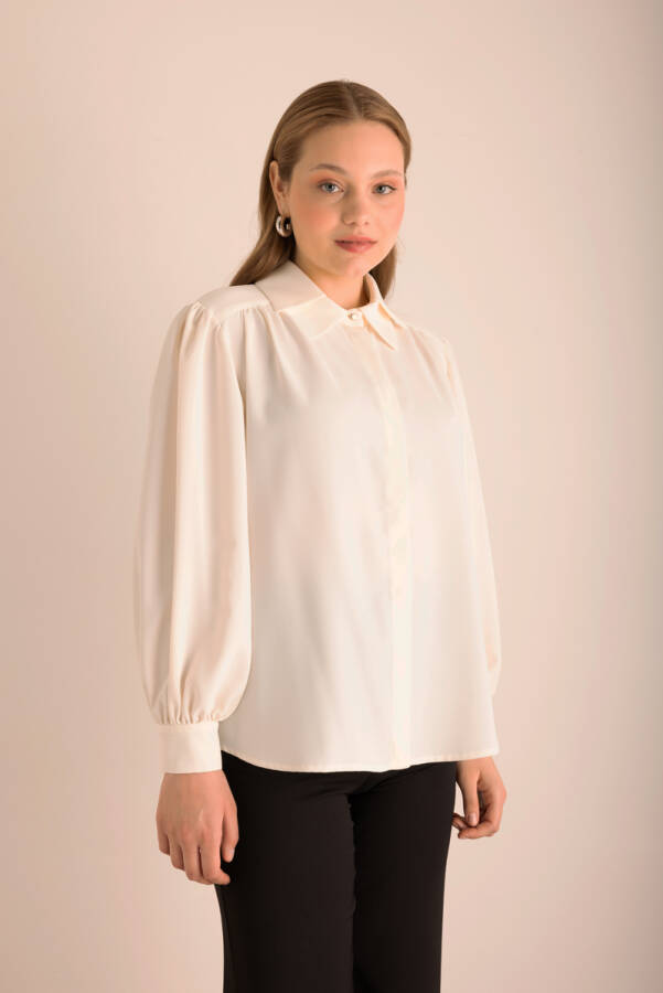 Ekru Yakası İşleme Detaylı Dokuma Gömlek - 6