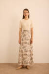 Ekru Yaprak Desenli Keten Etek - 1