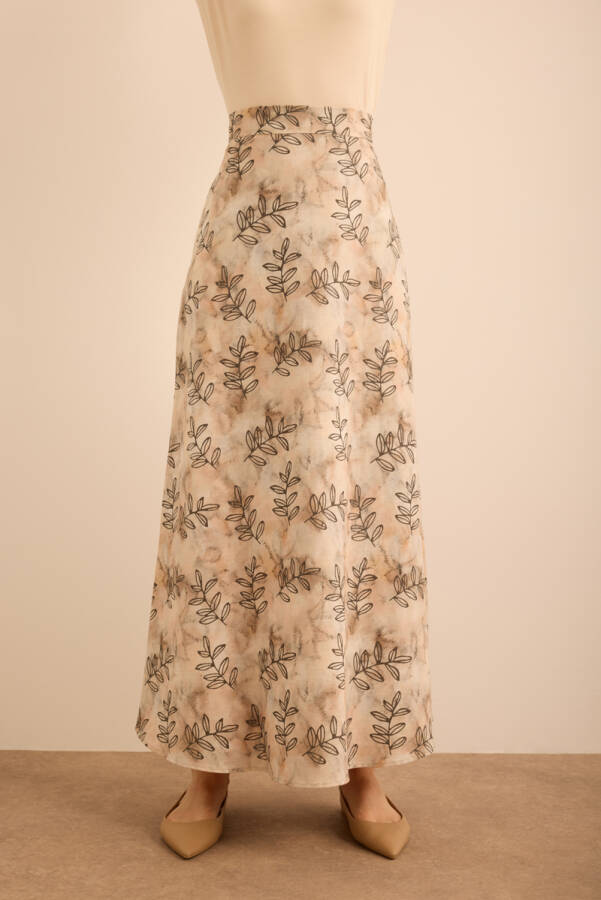 Ekru Yaprak Desenli Keten Etek - Aker (1)
