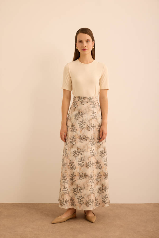 Ekru Yaprak Desenli Keten Etek - Aker