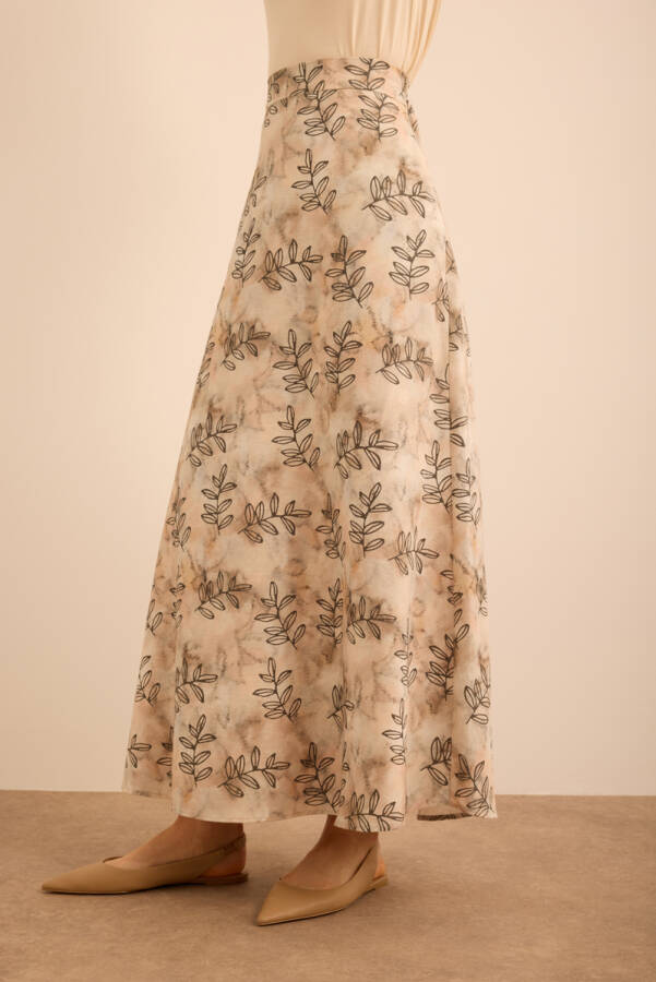 Ekru Yaprak Desenli Keten Etek - 4