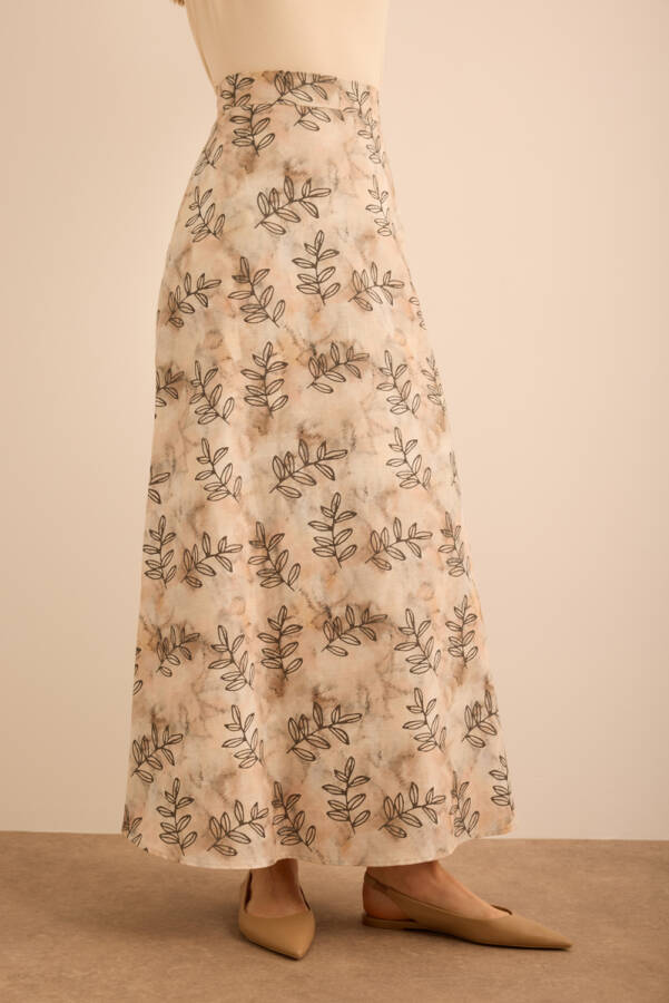 Ekru Yaprak Desenli Keten Etek - 3