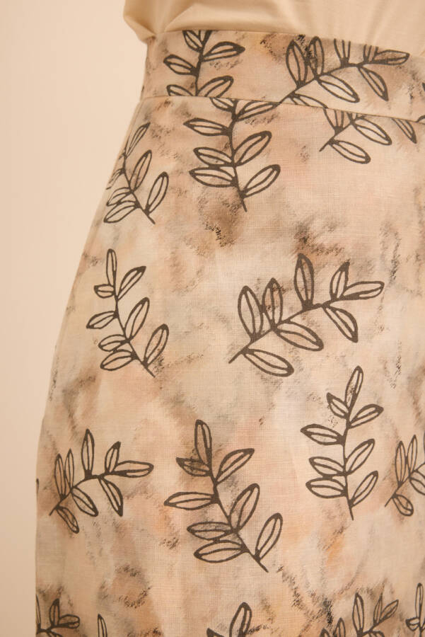 Ekru Yaprak Desenli Keten Etek - 5