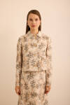 Ekru Yaprak Desenli Keten Kısa Ceket - 1