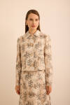 Ekru Yaprak Desenli Keten Kısa Ceket - 2