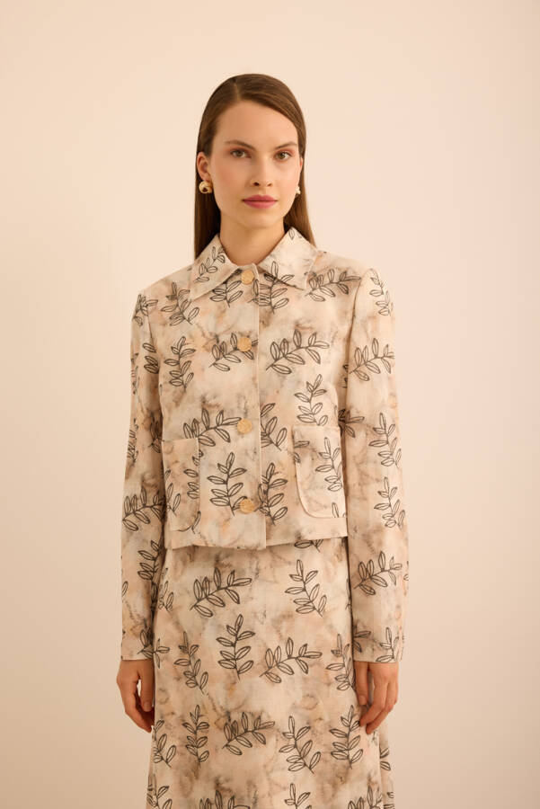 Ekru Yaprak Desenli Keten Kısa Ceket - Aker (1)