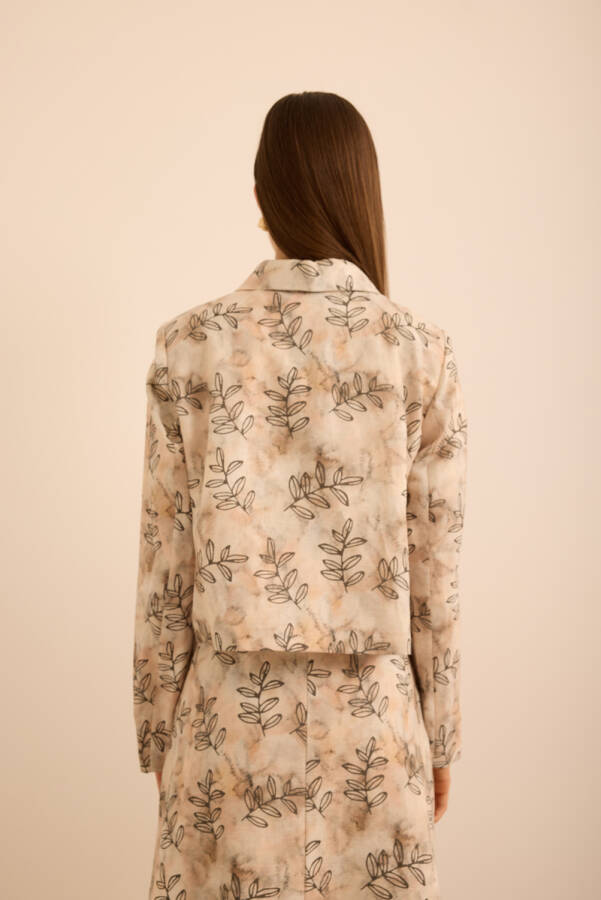 Ekru Yaprak Desenli Keten Kısa Ceket - 6