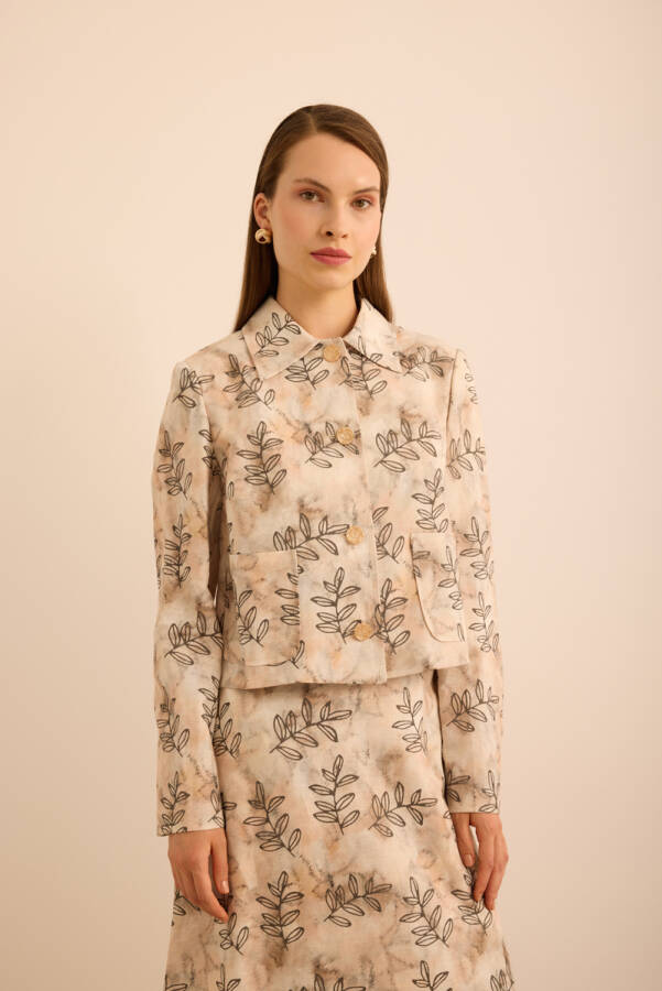 Ekru Yaprak Desenli Keten Kısa Ceket - 3