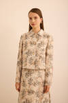 Ekru Yaprak Desenli Keten Kısa Ceket - 4