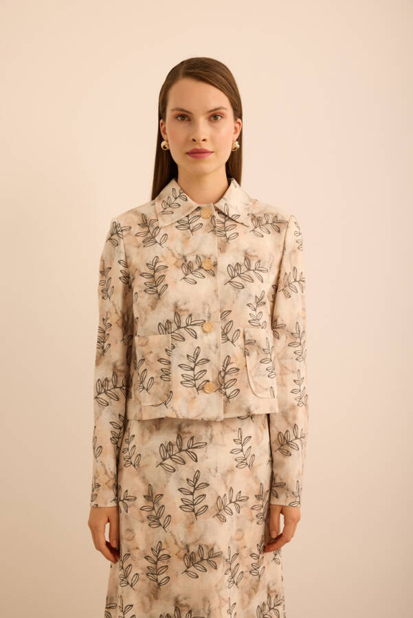 Ekru Yaprak Desenli Keten Kısa Ceket - Aker