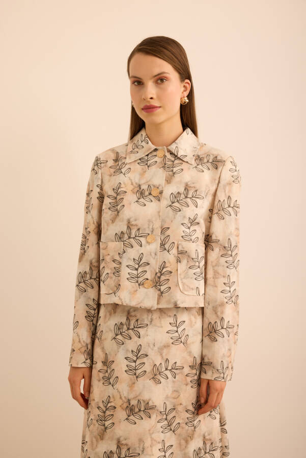 Ekru Yaprak Desenli Keten Kısa Ceket - 4