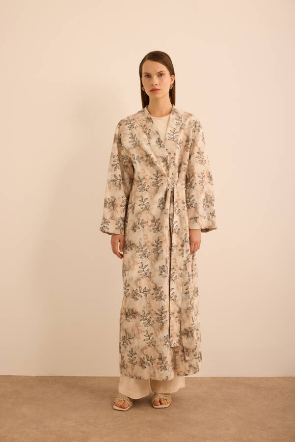 Ekru Yaprak Desenli Keten Yandan Bağlamalı Kimono - 1