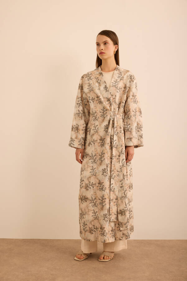 Ekru Yaprak Desenli Keten Yandan Bağlamalı Kimono - 2