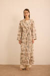 Ekru Yaprak Desenli Keten Yandan Bağlamalı Kimono - 1