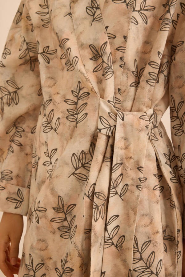 Ekru Yaprak Desenli Keten Yandan Bağlamalı Kimono - 5