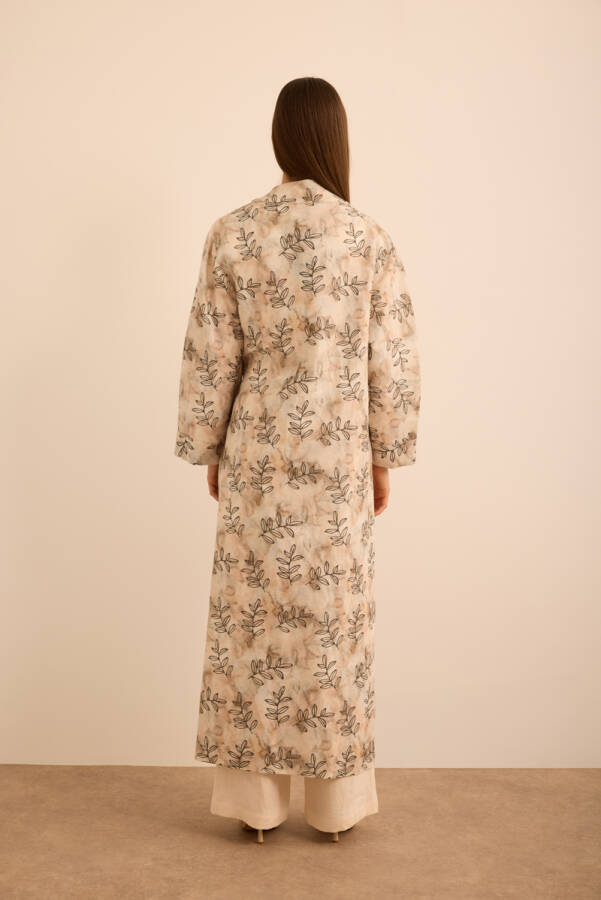 Ekru Yaprak Desenli Keten Yandan Bağlamalı Kimono - 6