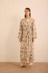 Ekru Yaprak Desenli Keten Yandan Bağlamalı Kimono - 2