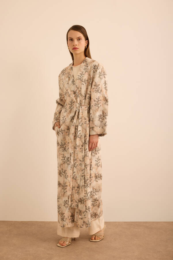 Ekru Yaprak Desenli Keten Yandan Bağlamalı Kimono - 3