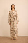 Ekru Yaprak Desenli Keten Yandan Bağlamalı Kimono - 4