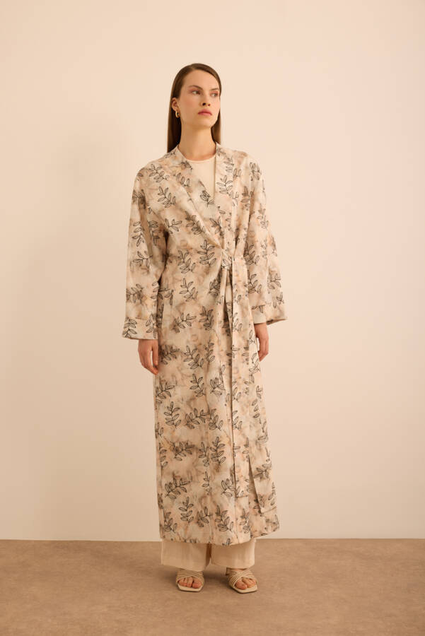 Ekru Yaprak Desenli Keten Yandan Bağlamalı Kimono - 4