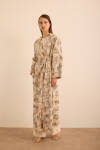 Ekru Yaprak Desenli Keten Yandan Bağlamalı Kimono - 3