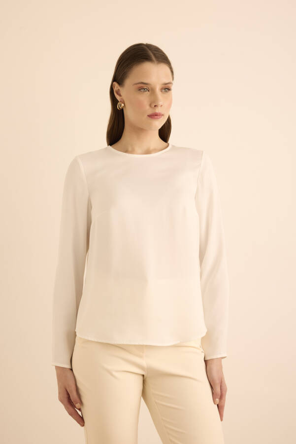Ekru Yuvarlak Yaka Basic Dokuma Bluz - 4