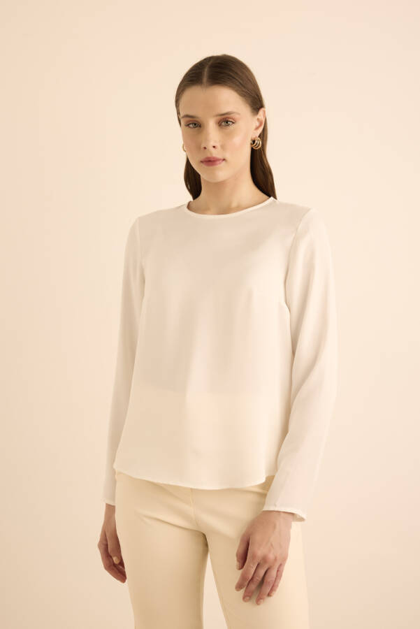 Ekru Yuvarlak Yaka Basic Dokuma Bluz - 3