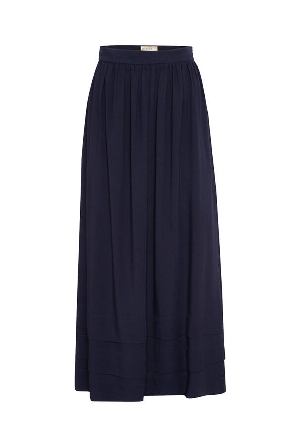 Lacivert Etek Ucu Pile Detaylı Keten Etek - 1