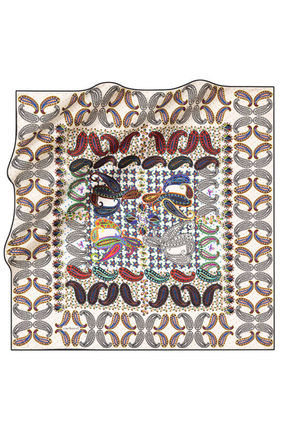 Etnik Desenli İpek Twill Eşarp - 1