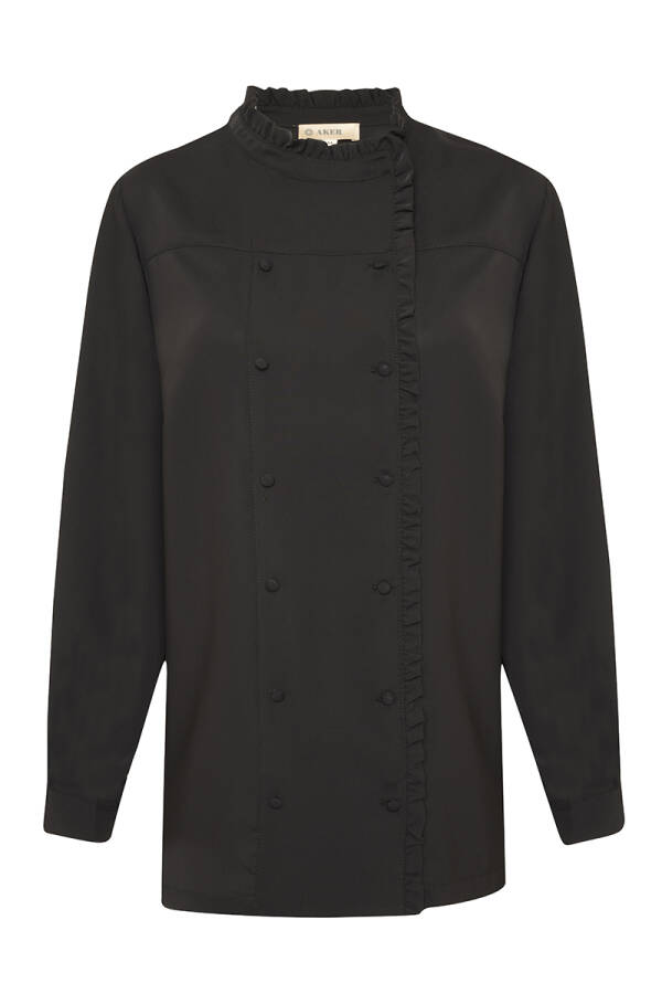 Siyah Fırfırlı Kruvaze Kapama Bluz - 1