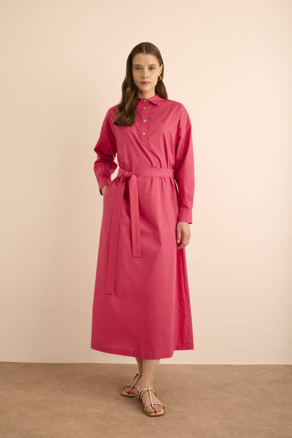 Fuşya Beli Seyyar Kuşaklı Cotton Elbise - 2