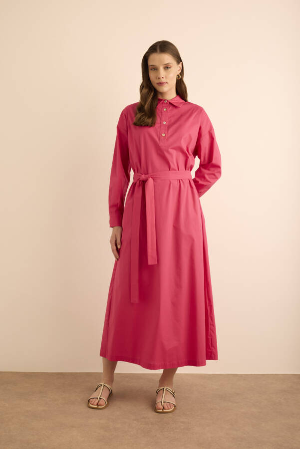 Fuşya Beli Seyyar Kuşaklı Cotton Elbise - 6