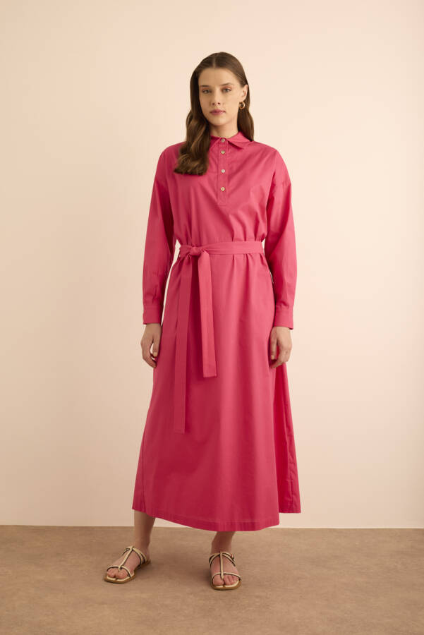 Fuşya Beli Seyyar Kuşaklı Cotton Elbise - Aker
