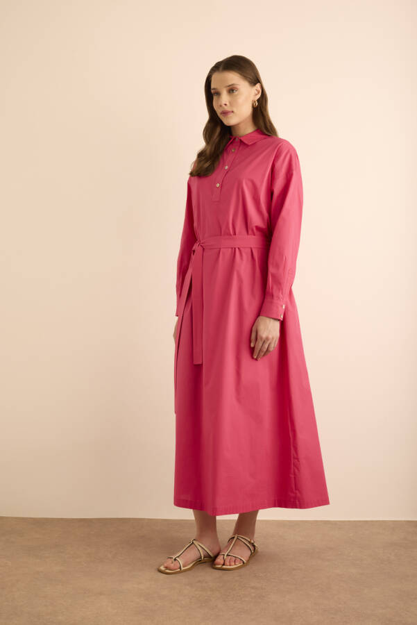 Fuşya Beli Seyyar Kuşaklı Cotton Elbise - 3
