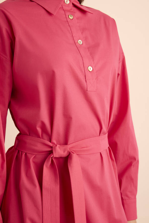 Fuşya Beli Seyyar Kuşaklı Cotton Elbise - 4