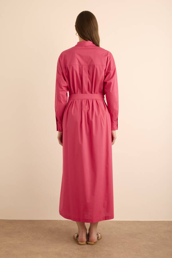 Fuşya Beli Seyyar Kuşaklı Cotton Elbise - 6