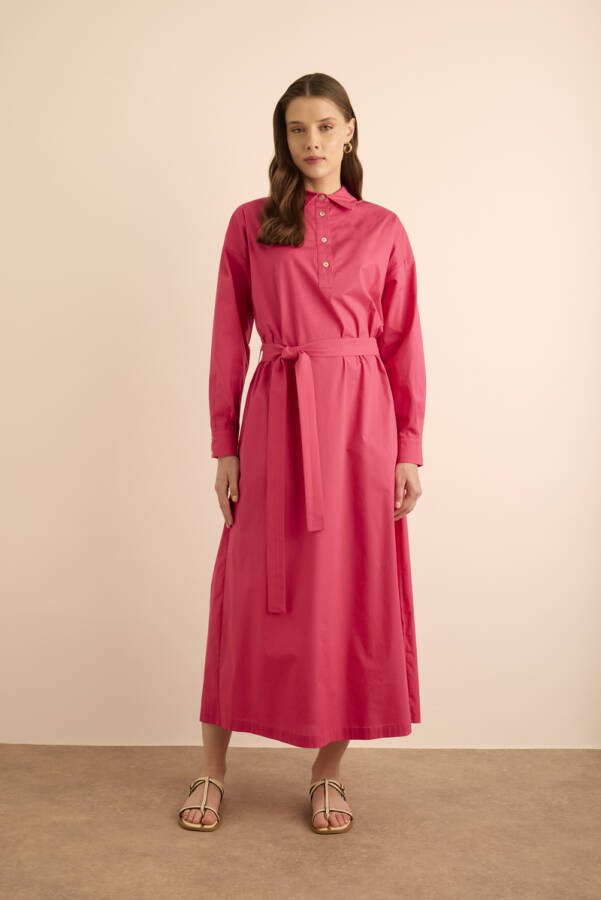 Fuşya Beli Seyyar Kuşaklı Cotton Elbise - 3