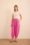 Fuşya Beli ve Paçası Lastikli Balon Form Keten Pantolon - 2