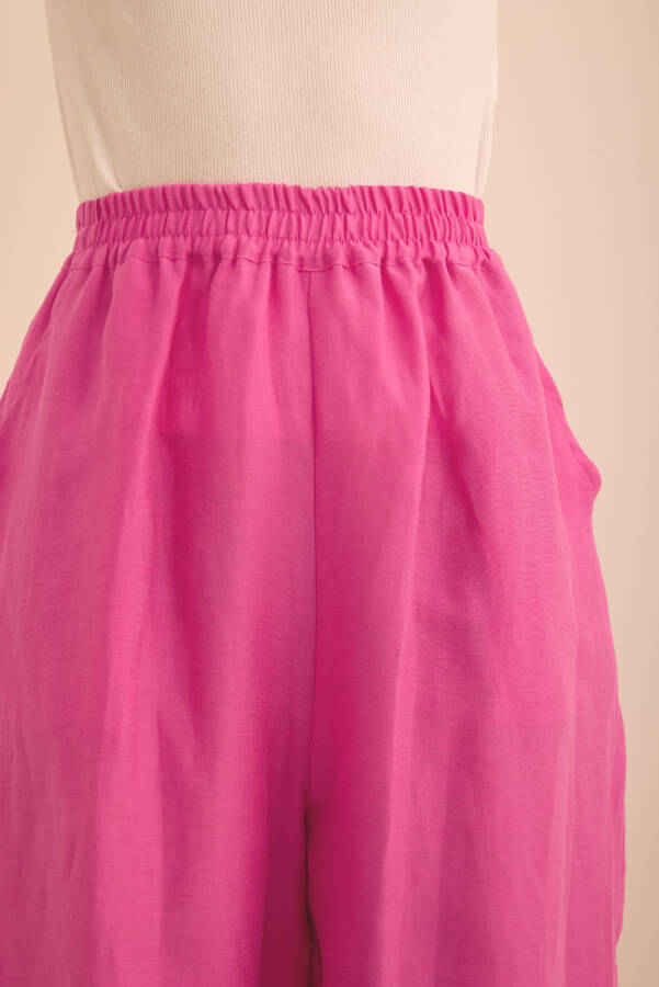 Fuşya Beli ve Paçası Lastikli Balon Form Keten Pantolon - 6