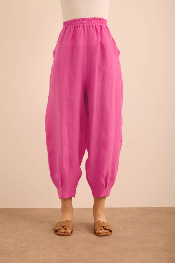 Fuşya Beli ve Paçası Lastikli Balon Form Keten Pantolon - 3