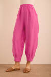 Fuşya Beli ve Paçası Lastikli Balon Form Keten Pantolon - 4