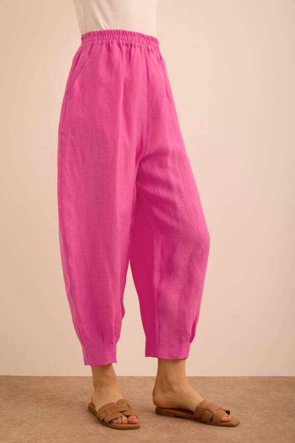 Fuşya Beli ve Paçası Lastikli Balon Form Keten Pantolon - 5