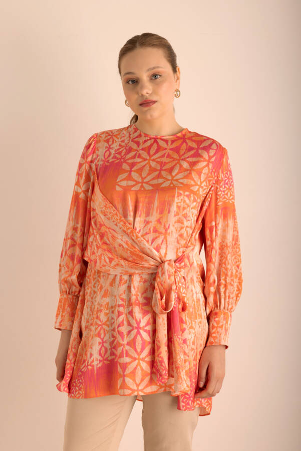 Fuşya Desenli , Beli Bağlama Detaylı Tunik - 1