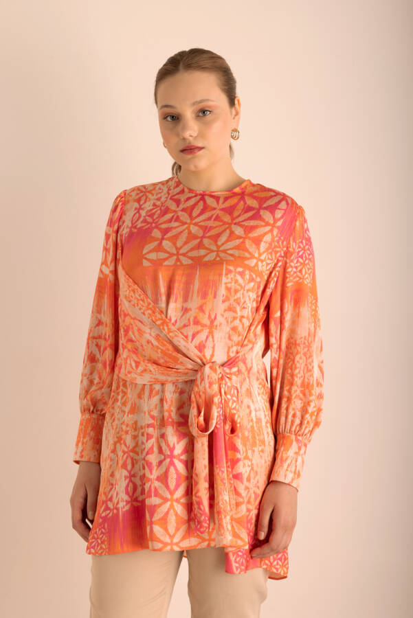 Fuşya Desenli , Beli Bağlama Detaylı Tunik - 5