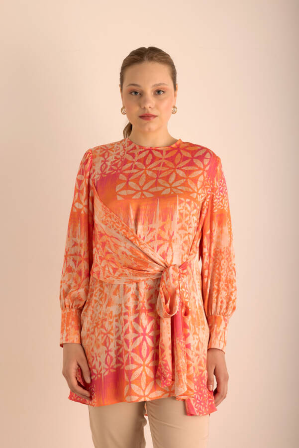 Fuşya Desenli , Beli Bağlama Detaylı Tunik - 6