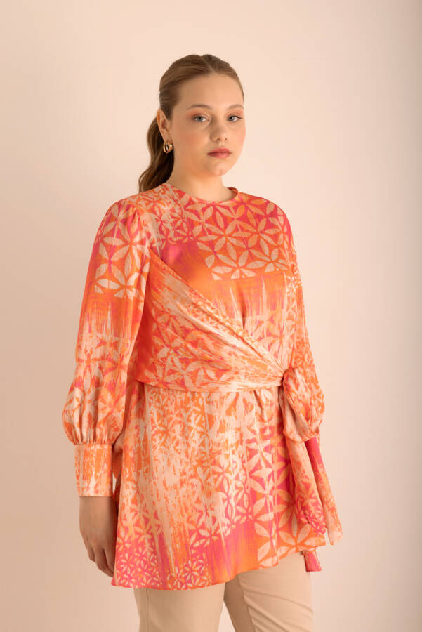 Fuşya Desenli , Beli Bağlama Detaylı Tunik - 3