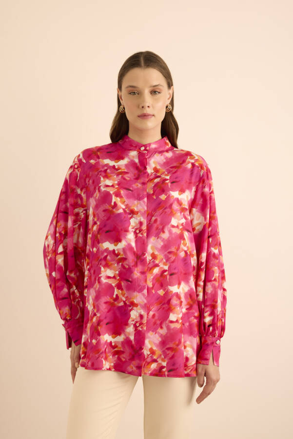 Fuşya Desenli Viscon Bluz - Aker